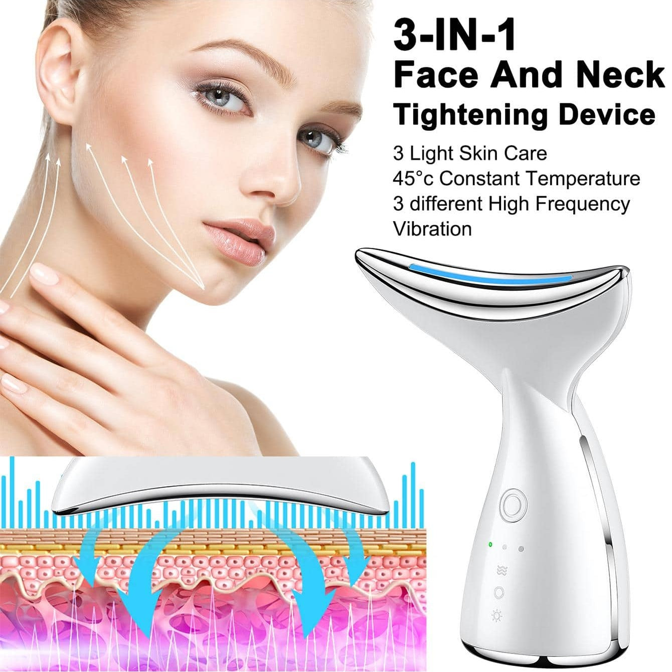 Face And Neck Tightening Device, Firm And Tightens Sagging Skin Face Neck Massager, Beauty Facial Massager For Women And Men - White