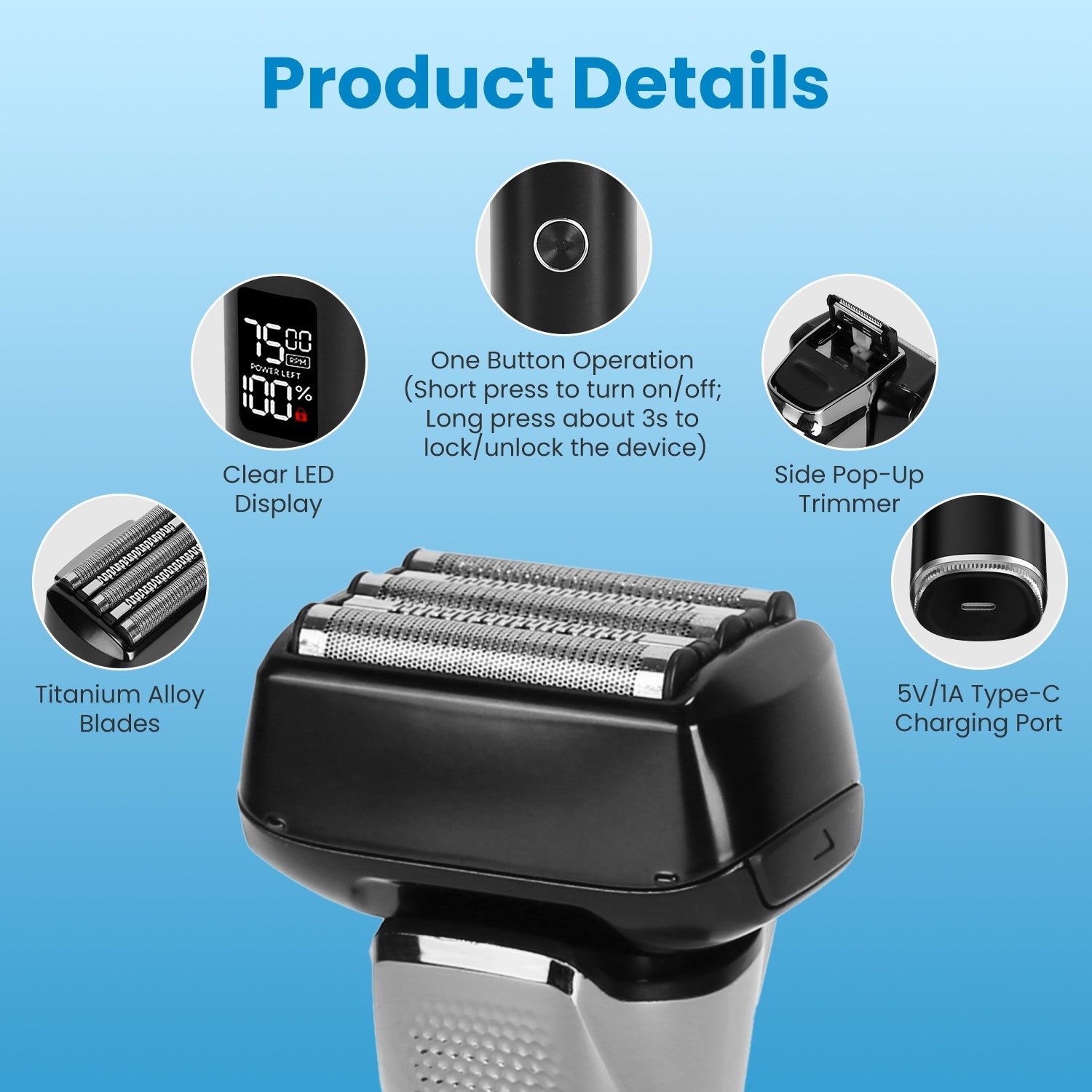 Electric Foil Face Shaver 5-Blade Electric Razor For Men Wet & Dry Jawline Beard Trimmer Precision Sideburn Shavers IPX6 Waterproof With LED Display Cleaning Brushes