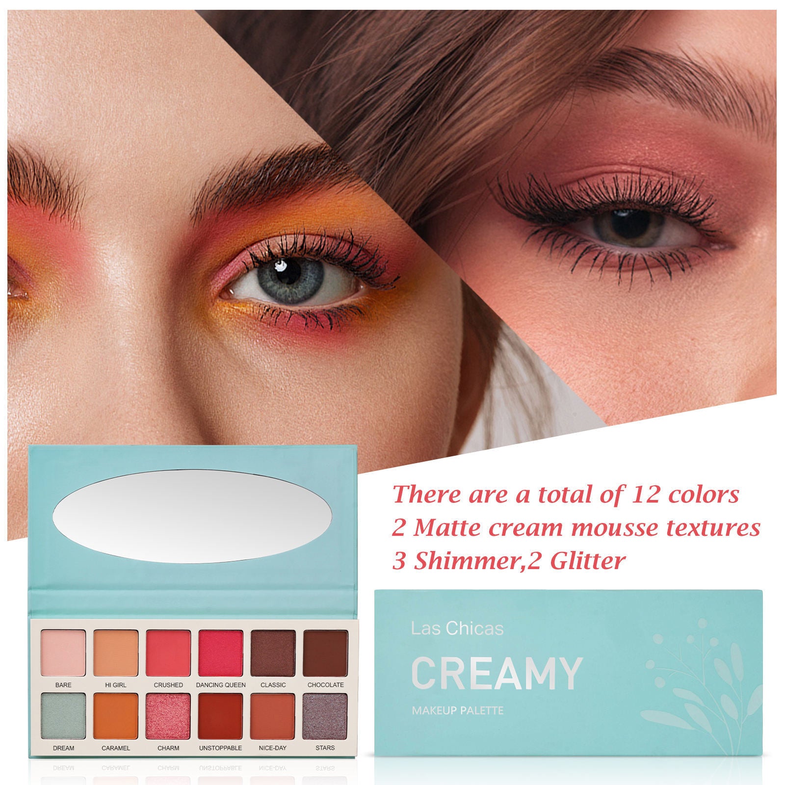 Las Chicas High Pigment Silky Hydroxybenzophenone Non-Vegan Cruelty-Free Cream 12-Color Eyeshadow Palette Makeup Palette