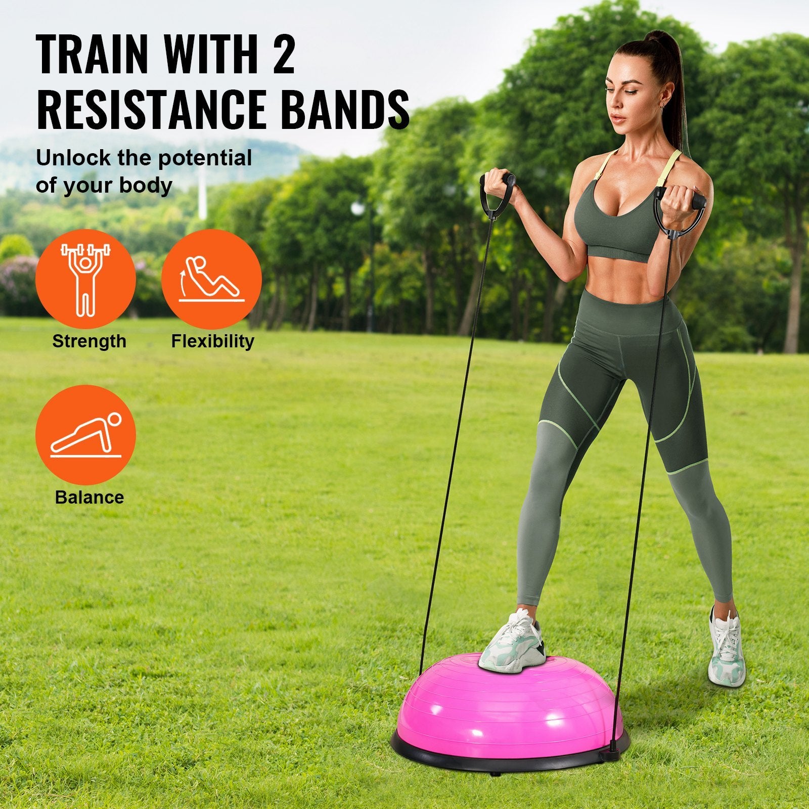 VEVOR Half Exercise Ball Trainer, 23 Inch Balance Ball Trainer, 660lbs Capacity Stability Ball, Yoga Ball With Resistance Bands & Foot Pump, Strength Fitness Ball For Home Gym, Full Body Workout,