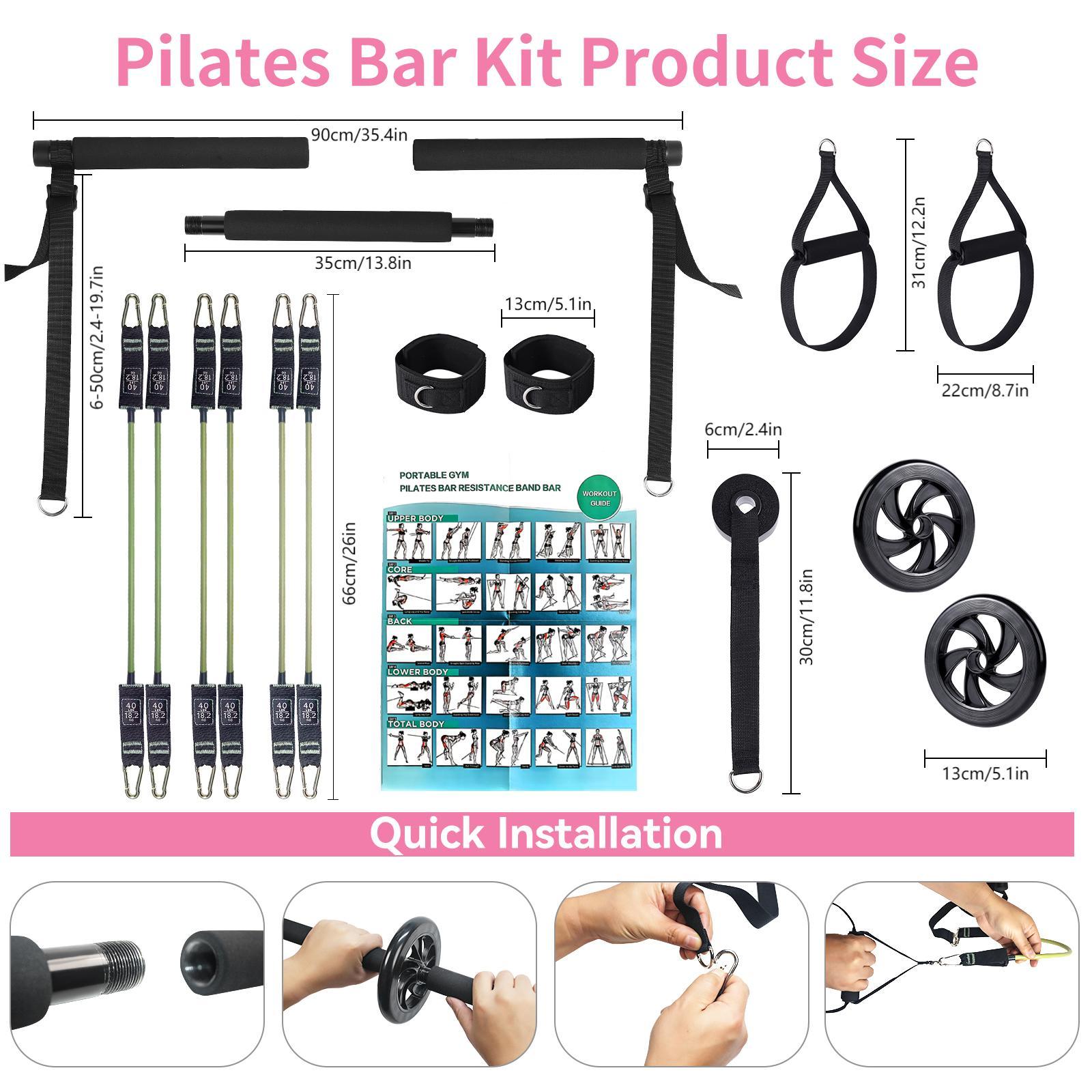 Professional Yoga & Pilates Bar Kit - 18-Piece Full-Body Workout Set With Adjustable 3-Section Bar, Ab Roller, 6 Resistance Bands, Ankle Straps & Door Anchor