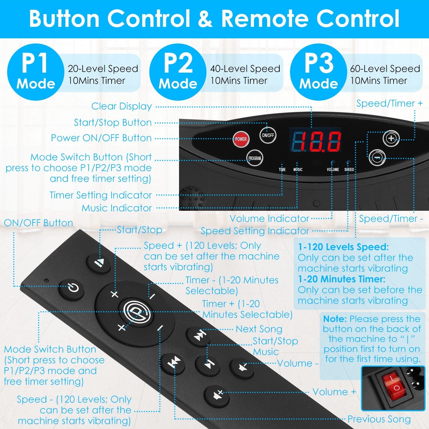 1Pc Vibration Exercise Machine Vibrating Plate Platform Whole Body Fitness Vibration Workout Equipment With 120 Speeds 1-20Mins Timer Resistant Bands Remote Control 330LBS Max Load